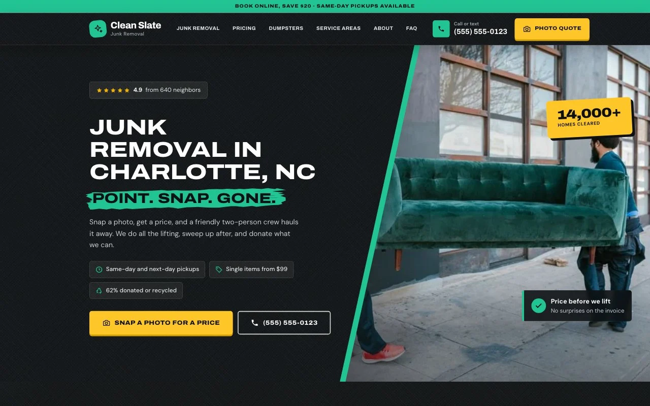 Clean Slate Junk Removal — dumpster rental website design by digital deli counter