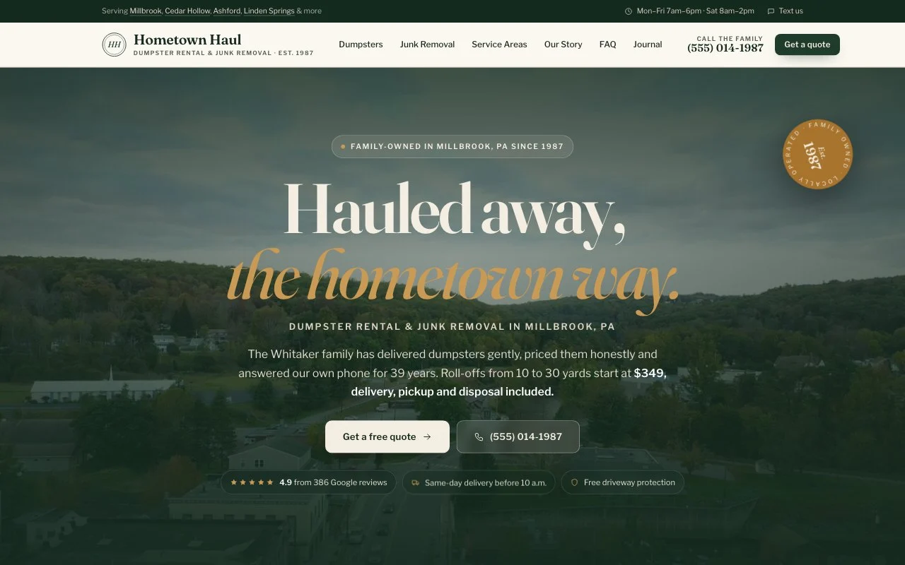 Hometown Haul Dumpster Rental — dumpster rental website design by digital deli counter