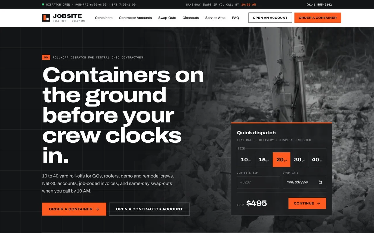 Jobsite Dumpster Rental — dumpster rental website design by digital deli counter