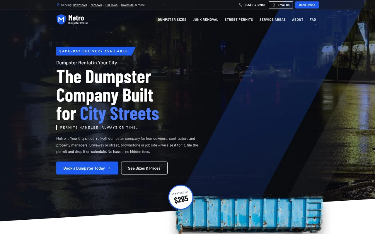 Metro Dumpster Rental — dumpster rental website design by digital deli counter