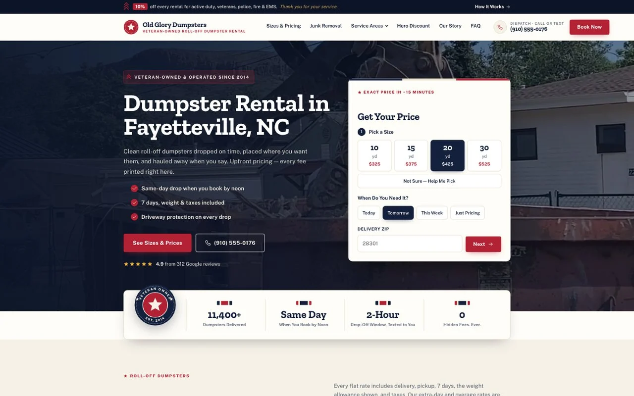 Old Glory Dumpster Rental — dumpster rental website design by digital deli counter