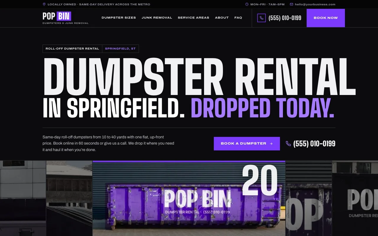 Pop Bin Dumpster Rental — dumpster rental website design by digital deli counter