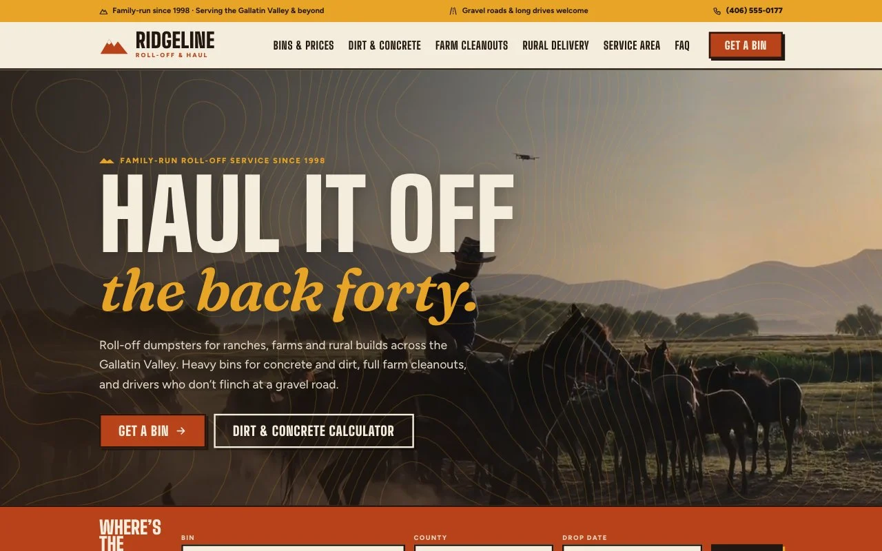 Ridgeline Dumpster Rental — dumpster rental website design by digital deli counter