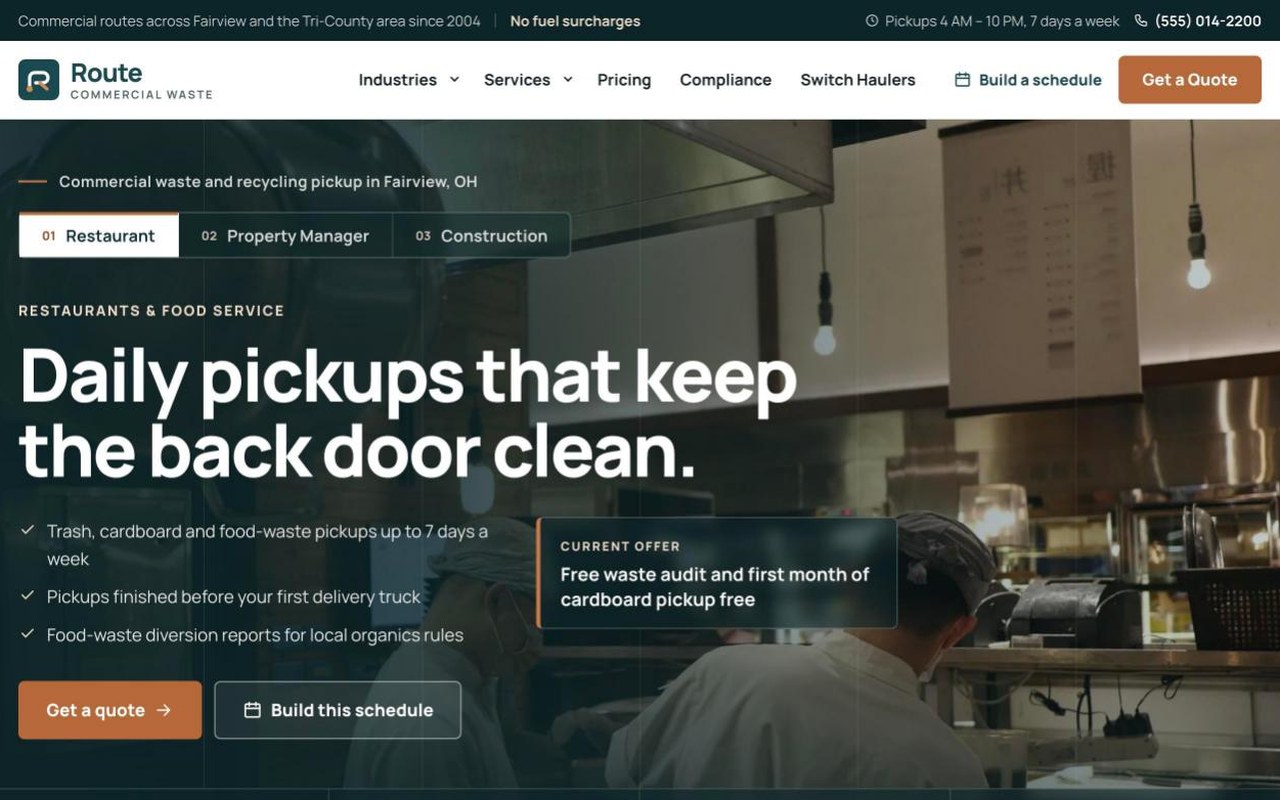Route Commercial Waste — dumpster rental website design by digital deli counter