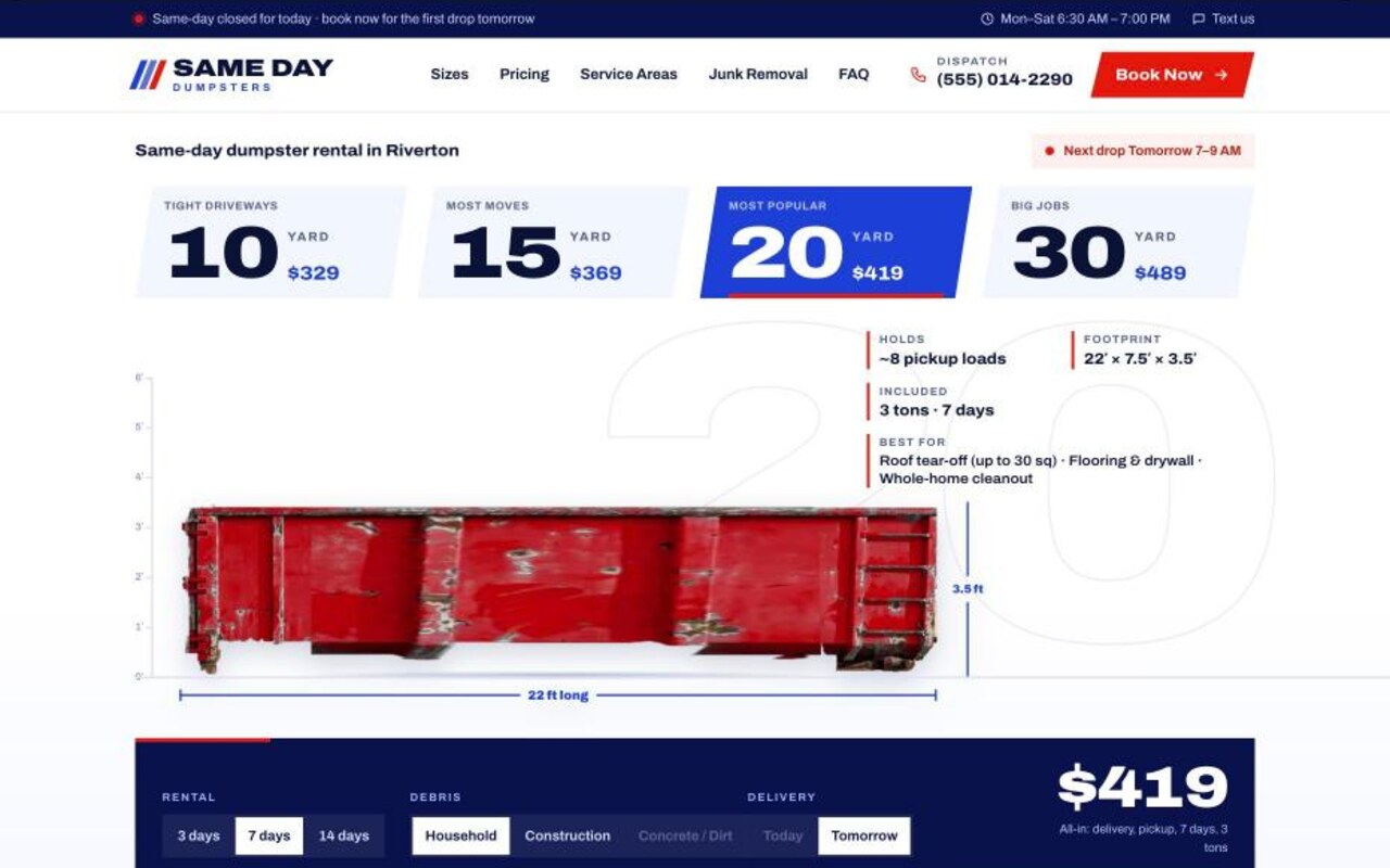 Same Day Dumpster Rental — dumpster rental website design by digital deli counter