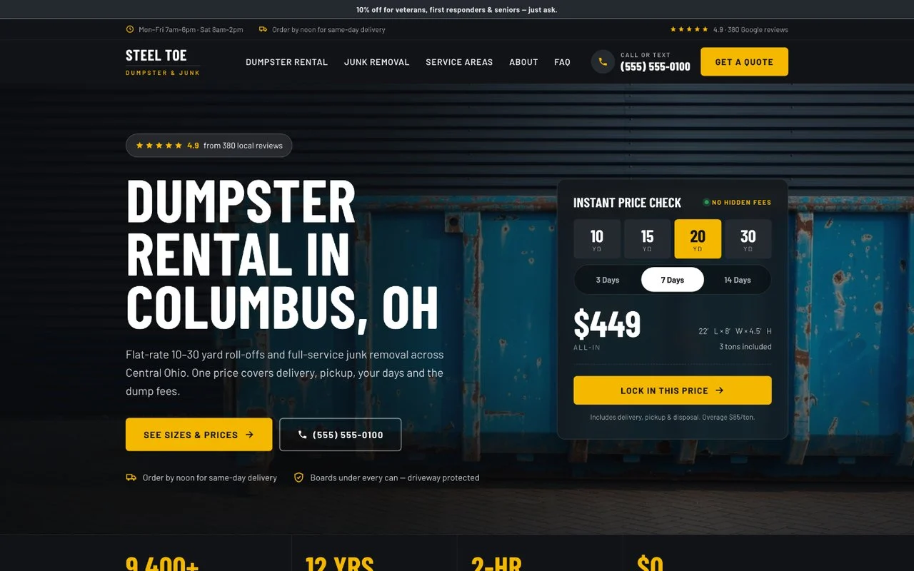 Steel Toe Dumpster Rental — dumpster rental website design by digital deli counter