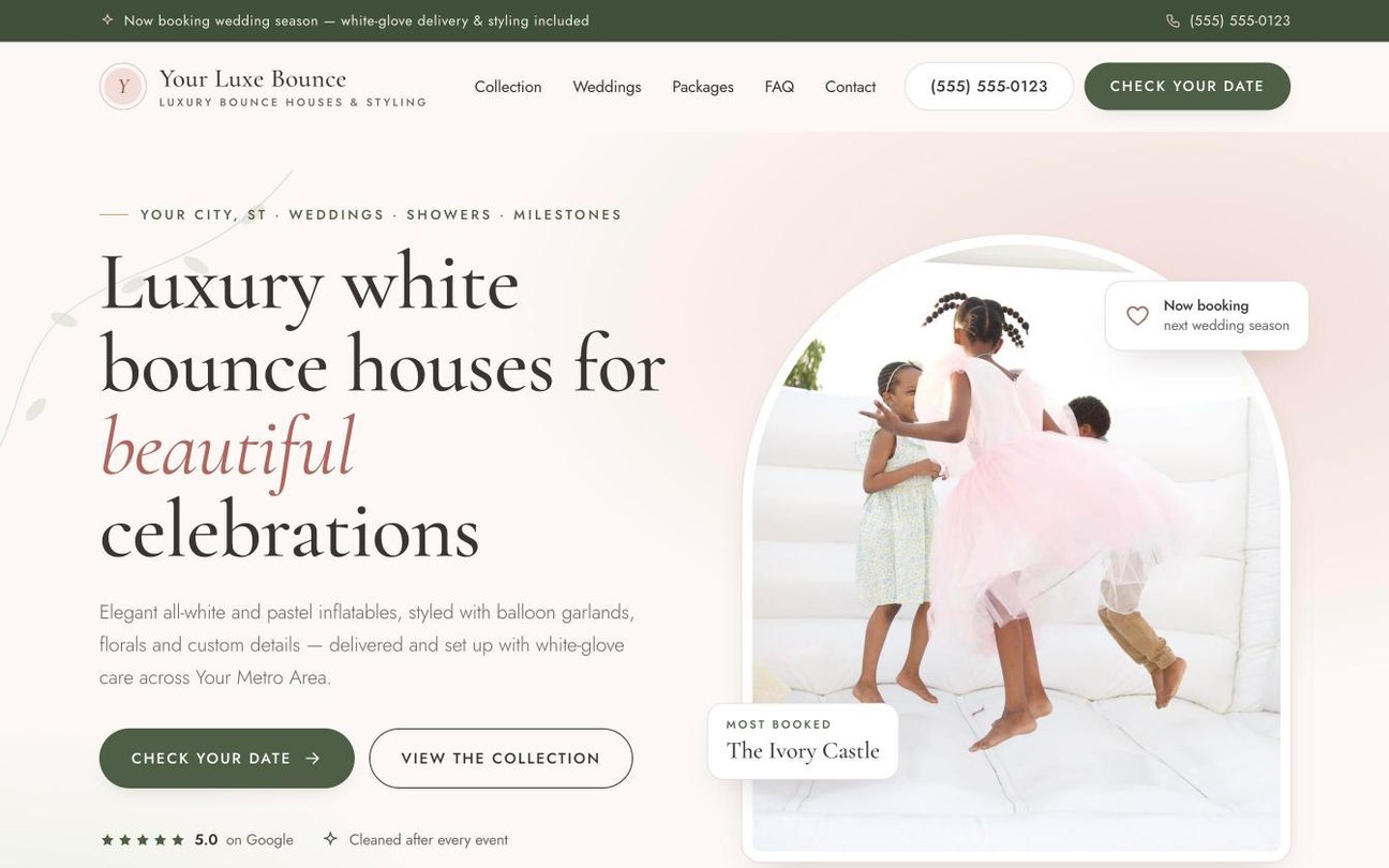 Blush Bounce — party rental website design by digital deli counter