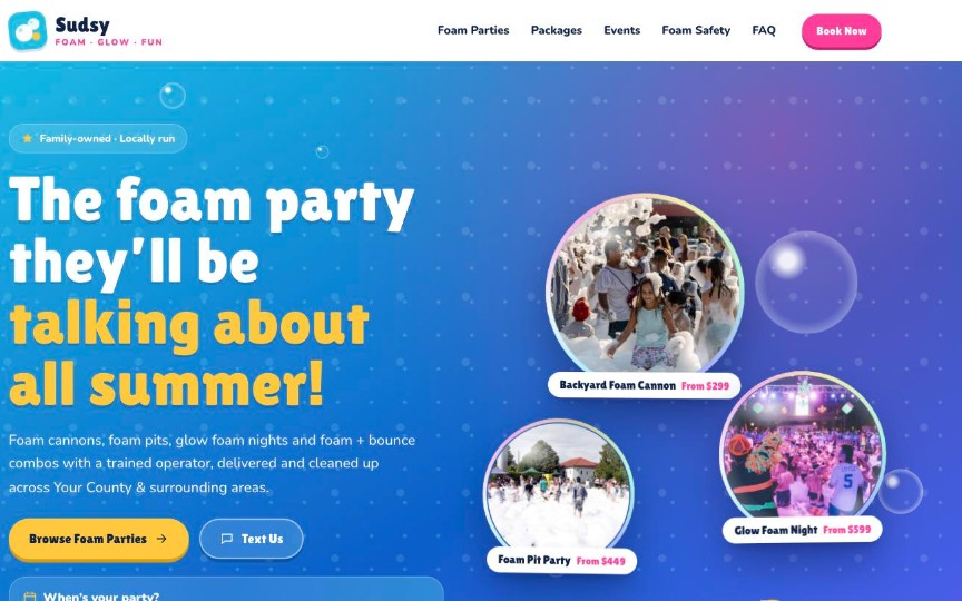Bubble Bash — party rental website design by digital deli counter