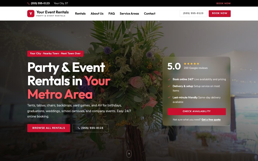 Clean Modern — party rental website design by digital deli counter
