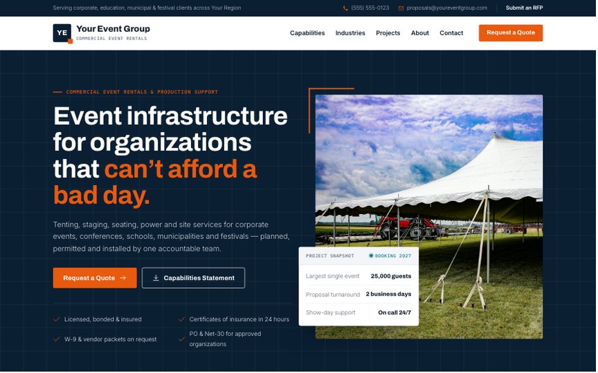 Corp — party rental website design by digital deli counter