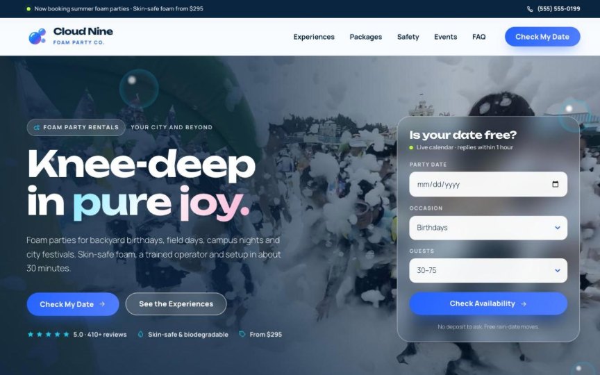 Foamy — party rental website design by digital deli counter