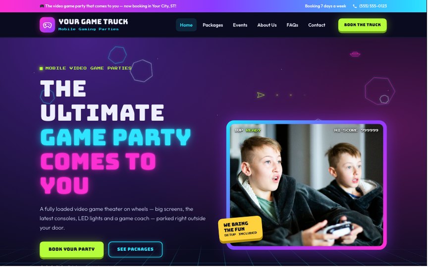 Game Truck — party rental website design by digital deli counter